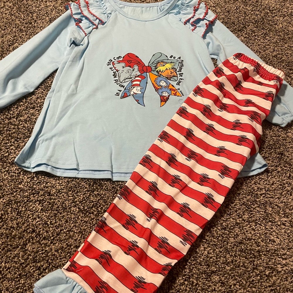 Dr. Seuss Light Blue and Red Striped Pajama Set